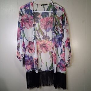Elegant Floral Kimono with Black Fringe